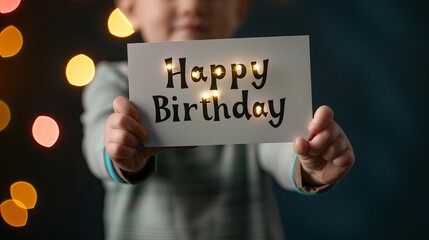 A cheerful young boy of Caucasian descent holds a 'Happy Birthday' card adorned with lights, surrounded by a festive bokeh background.