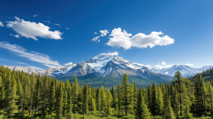 Fototapeta premium Majestic snowy mountain peak surrounded by lush green forest and blue sky