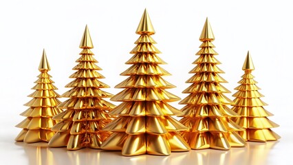 Abstract Golden Christmas Trees: 3D Rendered Festive Decorations Isolated on White
