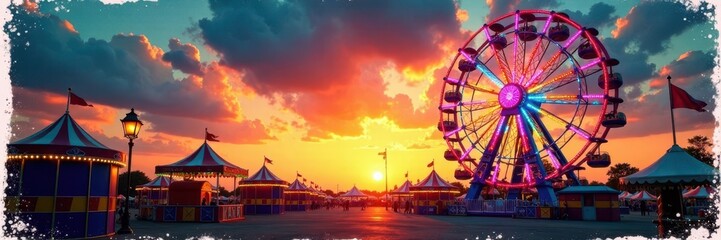 Distressed vintage carnival poster with colorful carnival lights and Ferris wheel at sunset, distressed paper, night scene