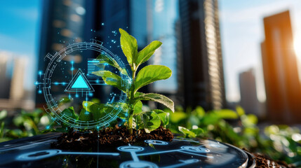 green plant growing in urban settings symbolizes sustainability and technology. image showcases blend of nature and digital innovation, highlighting eco friendly practices