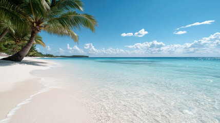 Naklejka premium tranquil beach with clear water and palm trees under blue sky