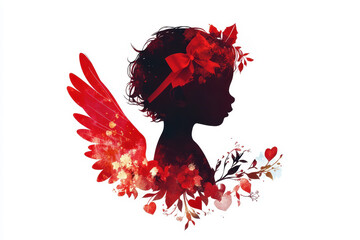 cute cupid angel of love with a red heart on a white background.