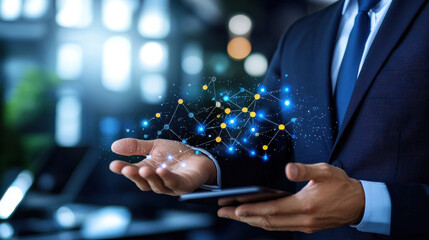 businessman holding smartphone with digital network visualization. image represents technology, innovation, and connectivity in modern office environment