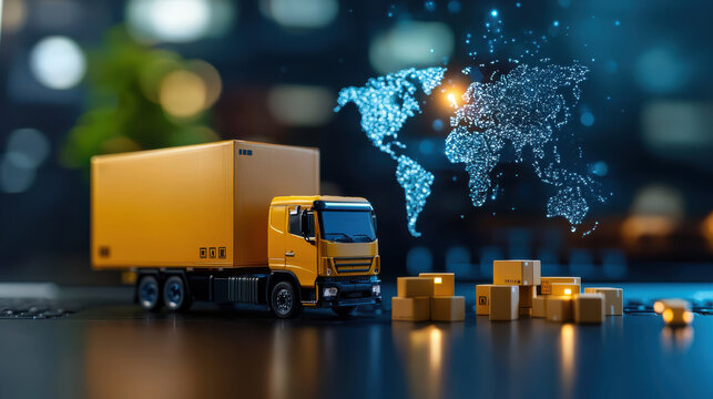 miniature yellow truck with boxes represents global shipping and logistics. world map in background highlights cross border e commerce and international trade