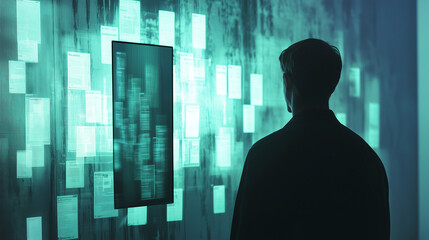 Human figure in front of a digital mirror.
