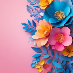 Obraz premium Vibrant paper flowers, leaves, and holographic reflections framing a pink gradient background, perfect for custom invitations and greeting card designs