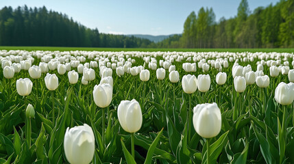 serene field of white tulips surrounded by lush greenery and trees