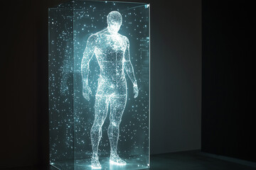 Digital human body hologram with futuristic data.