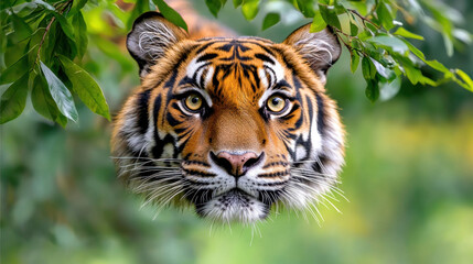 Fototapeta premium majestic Sumatran tiger peering through lush green foliage, showcasing its striking orange and black stripes. intense gaze reflects beauty of wildlife