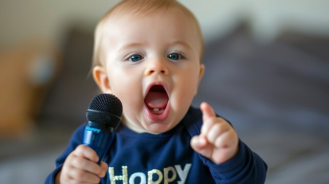 Cheerful baby boy with light brown hair passionately singing into a small microphone, exuding happiness and curiosity in a cozy home setting.