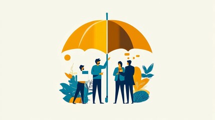 Team protected by large umbrella, collaborating.