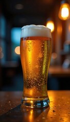 Golden beer stream filling glass, blurred night lights, dynamics, flow