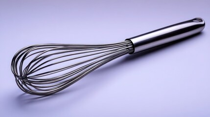 Close-up of a stainless steel whisk on a purple background.