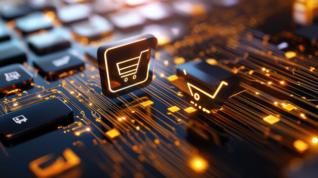 digital representation of e commerce growth with shopping cart icons on keyboard, symbolizing online shopping and technology integration