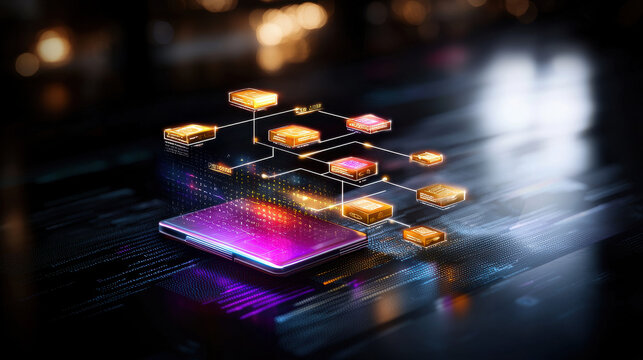 digital flowchart illustrating big data analytics with interconnected data blocks and smartphone. vibrant colors and modern design convey sense of innovation and technology