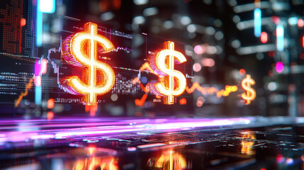 Futuristic interface displaying real time stock market data with glowing dollar signs. vibrant colors and digital elements create engaging financial atmosphere