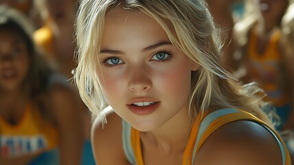 Close-up portrait of a blonde cheerleader with blue eyes.