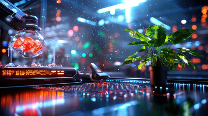 futuristic laboratory scene featuring scientists studying advanced technology, with vibrant lights and green plant adding touch of nature