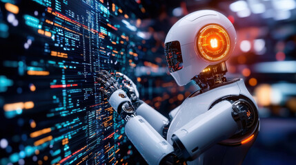 futuristic robot interacting with digital interface, showcasing advanced AI technology and innovation in business. scene reflects high tech environment filled with data