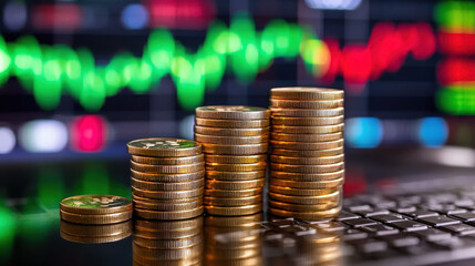 Rising stacks of coins symbolize financial growth against blurred stock market background, reflecting investment trends and economic progress