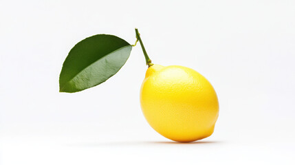 Fresh lemon with a green leaf on a clean white background.