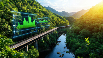 hydroelectric facility integrated into lush nature, showcasing bridge over river with digital data visualization. scene highlights sustainability and technology