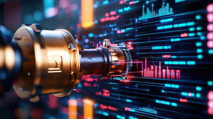 Futuristic robotic arm interacting with digital data visualization, showcasing advanced technology and innovation in automation and data analysis