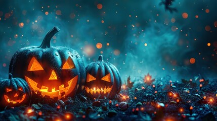Fototapeta premium Charming Halloween Scene with Glowing Pumpkins Amidst Enchanting Fog and Autumn Leaves
