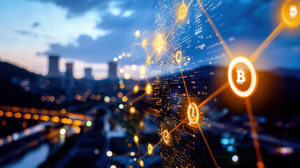 Digital connections and cryptocurrency symbols illuminate cityscape at dusk, showcasing integration of technology and finance. vibrant network represents future of digital transactions