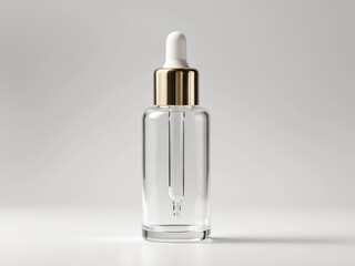 Fototapeta premium High-resolution studio photograph of a clear glass dropper bottle with a gold and white cap. The minimalist design is set against a neutral gray background, ideal for showcasing skincare or cosmetic p