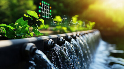 Hydroelectric power station with digital interface, water flow, green plants, and nature. image captures harmony between technology and environment