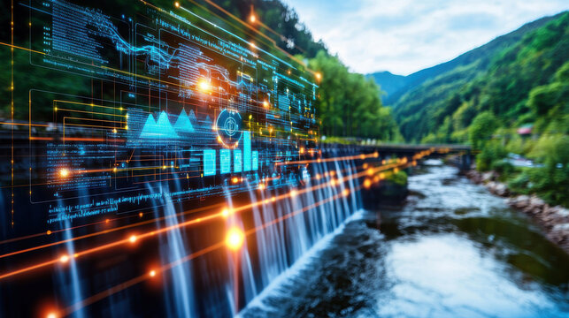 hydroelectric power station with digital interface showcases advanced technology and nature beauty. flowing water and mountains create serene backdrop for innovation