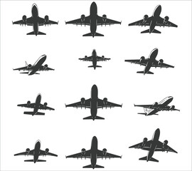 Airplanes silhouettes set. Black aircraft silhouette icons vector. Set of flying airplanes silhouettes vector illustration. Set of airplane silhouettes in vector