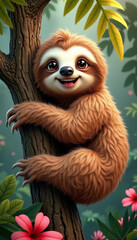 Obraz premium Happy Sloth Climbing Tree with Pink Flowers