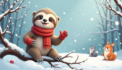 Adorable Sloth in Snowy Winter Wonderland