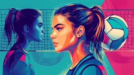 Volleyball. Vector illustration of volleyball players, ball, net, game, icons for poster, background, leaflet, flyer