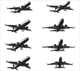 Airplanes silhouettes set. Black aircraft silhouette icons vector. Set of flying airplanes silhouettes vector illustration. Set of airplane silhouettes in vector