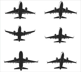 Airplanes silhouettes set. Black aircraft silhouette icons vector. Set of flying airplanes silhouettes vector illustration. Set of airplane silhouettes in vector