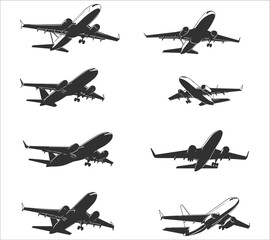 Airplanes silhouettes set. Black aircraft silhouette icons vector. Set of flying airplanes silhouettes vector illustration. Set of airplane silhouettes in vector