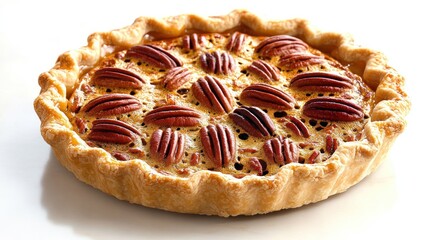 A delicious pecan pie with a golden crust and nut topping.