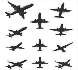 Airplane silhouette vector. Flying aircraft silhouette vector design. Jet airplane silhouette vector art. Flying airplane silhouette vector illustration