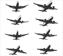 Airplane silhouette vector. Flying aircraft silhouette vector design. Jet airplane silhouette vector art. Flying airplane silhouette vector illustration