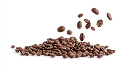 Naklejka premium Falling coffee beans create dynamic scene with rich aroma