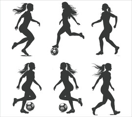 Silhouette of female football player. Woman soccer player silhouette vector. Vector silhouette of woman footballer. Woman playing football silhouette vector illustration