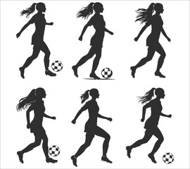 Silhouette of female football player. Woman soccer player silhouette vector. Vector silhouette of woman footballer. Woman playing football silhouette vector illustration