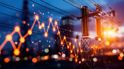 Creative visualization of energy stock market prediction with glowing lines and power lines in background, symbolizing market trends and energy dynamics