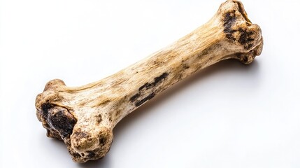 Close-Up of a Single Ancient Dog Bone Artifact with Distinctive Texture and Unique Surface Markings on a White Background for Scientific Study