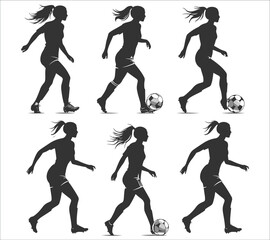 Female football player silhouette vector design. Silhouette of female football player. Female football player action silhouette. Woman playing football silhouette vector illustration
