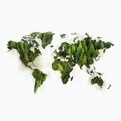 A Detailed Artistic Representation of a World Map Composed of Lush Green Forests and Nature